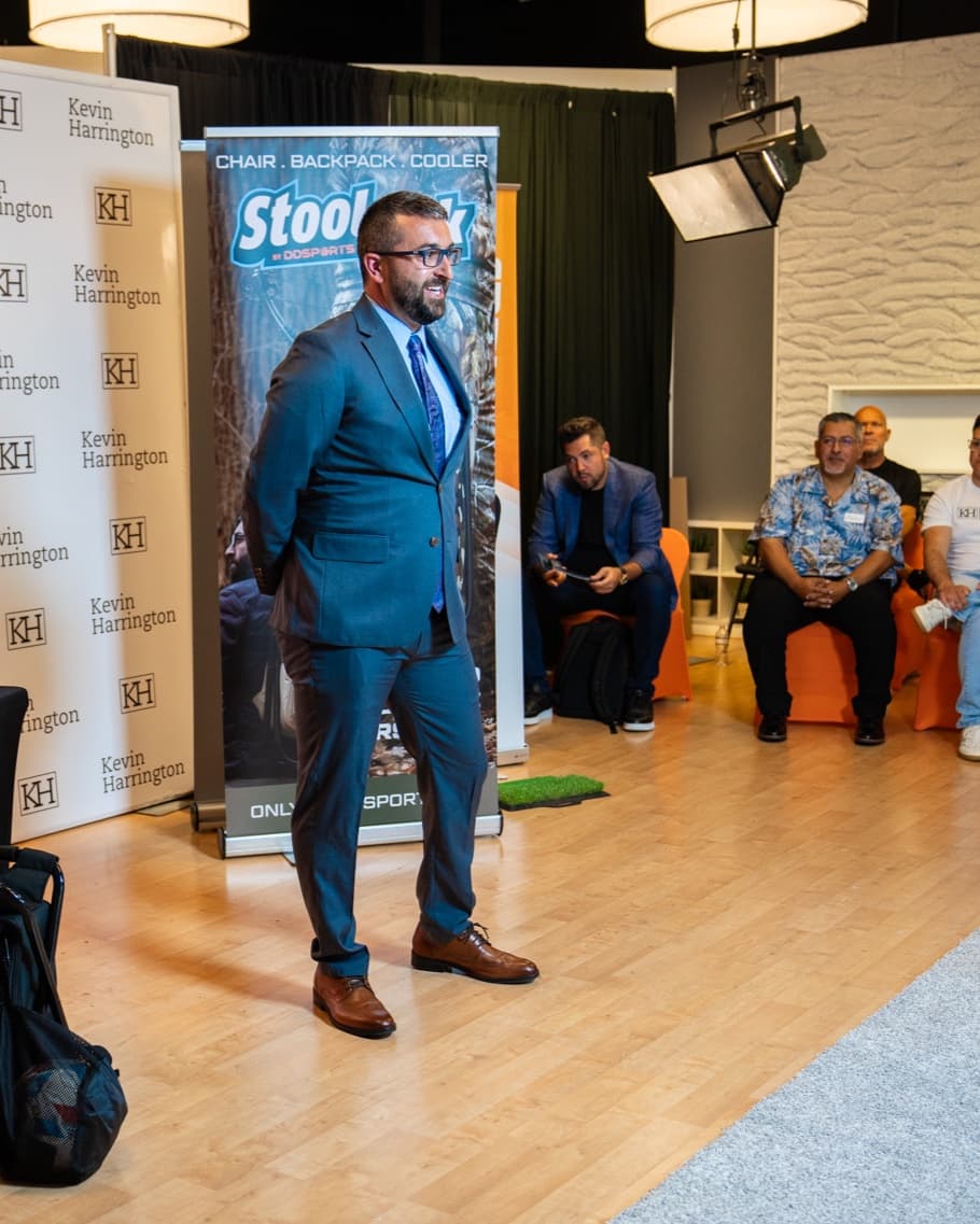 Frank DeLuca presenting the StoolPak at a Kevin Harrington pitch event